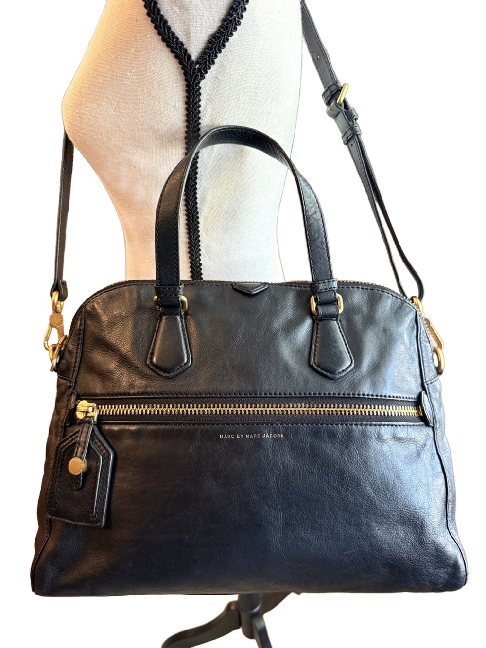 Marc By Marc Jacobs Black Leather Globetrotter Satchel with Gold Hardware